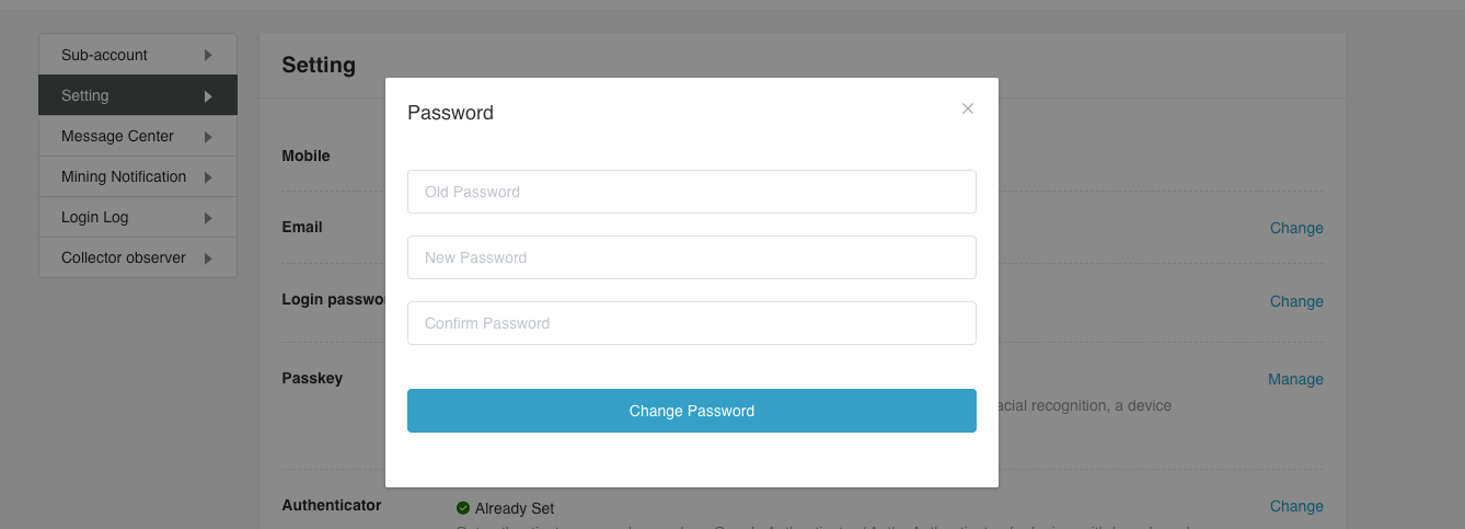Password dialog with fields for the old password, new password, and confirmation