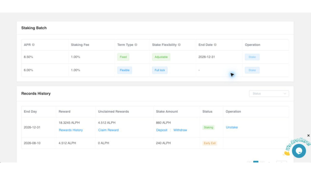 ALPH staking page showing Staking Batch and Records History