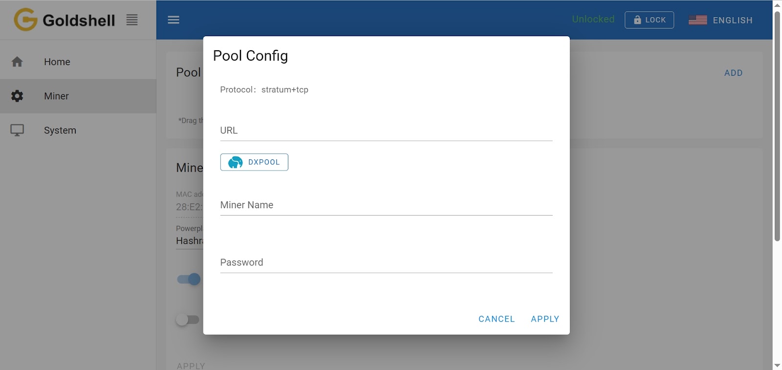 Goldshell pool configuration form