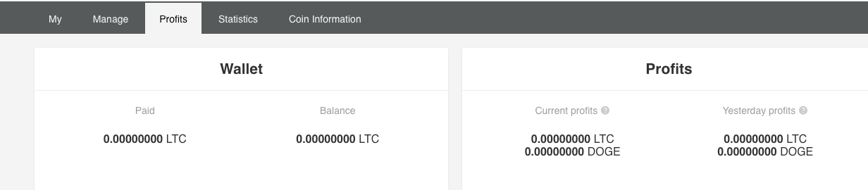 DxPool earnings page showing wallet balance and current and previous-day profits