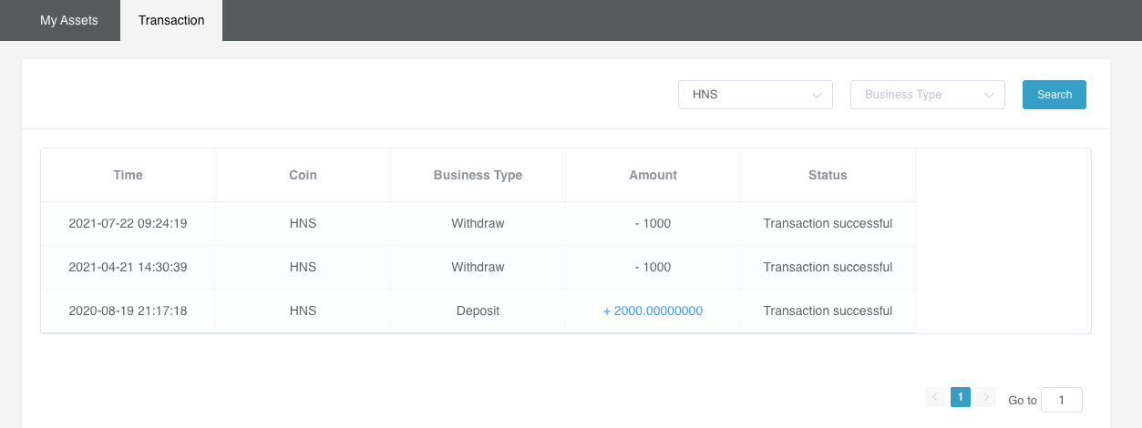 Transaction page showing filters and public transaction history
