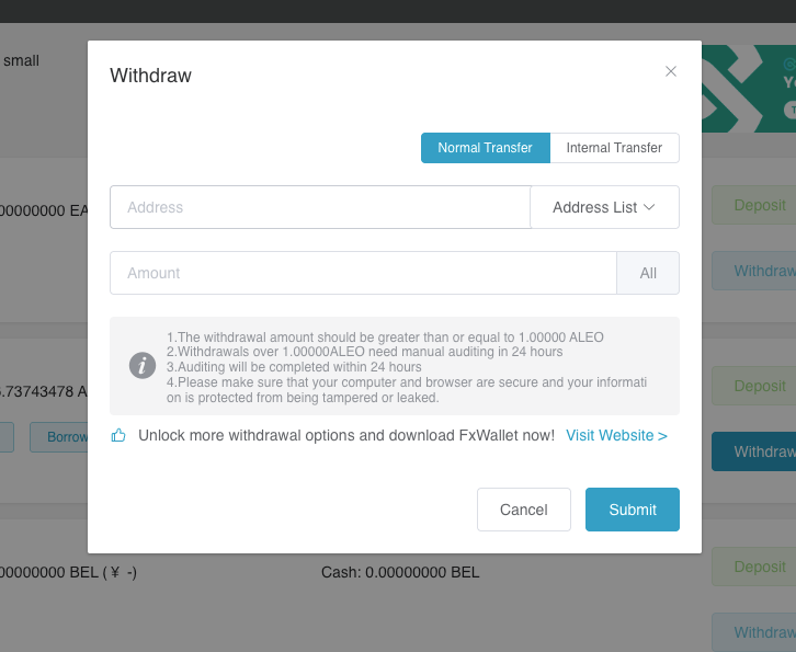 Withdraw dialog showing Normal Transfer and the Address List selector